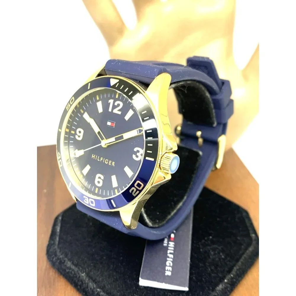 Tommy Hilfiger Men's Watch 1791868 Quartz Gold Blue Dial Rubber Strap 44mm